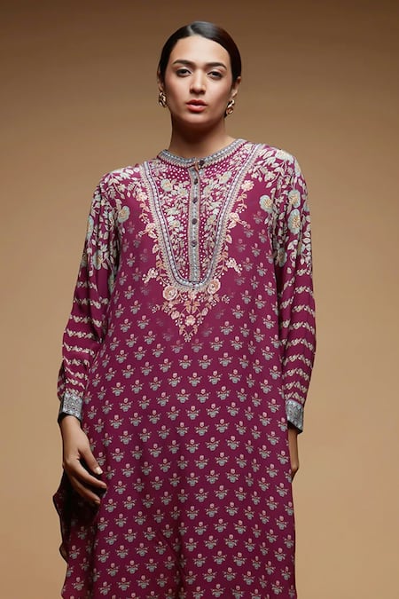 Nirraamyaa_Wine Bamboo, Crepe Rhinestones Collared Embroidered Kurta Set _Online_at_Aza_Fashions