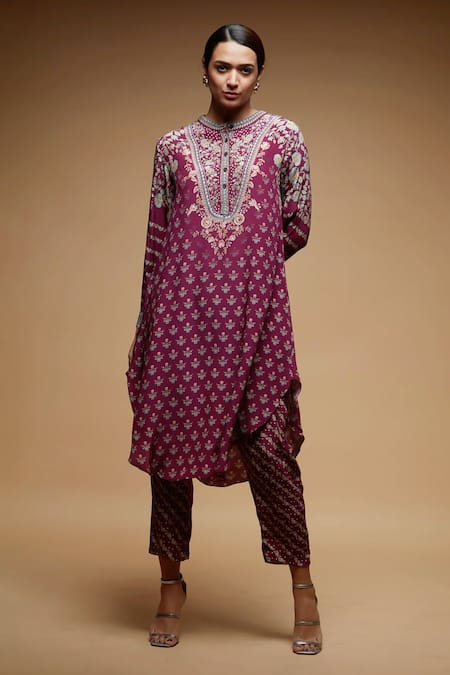 Shop_Nirraamyaa_Wine Bamboo, Crepe Rhinestones Collared Embroidered Kurta Set _Online_at_Aza_Fashions