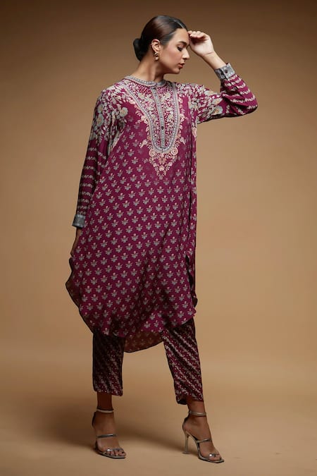 Nirraamyaa_Wine Bamboo, Crepe Rhinestones Collared Embroidered Kurta Set _at_Aza_Fashions