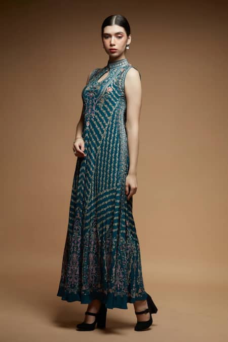 Nirraamyaa_Teal Brocade Rhinestones Keyhole Neck Embellished Gown _Online_at_Aza_Fashions
