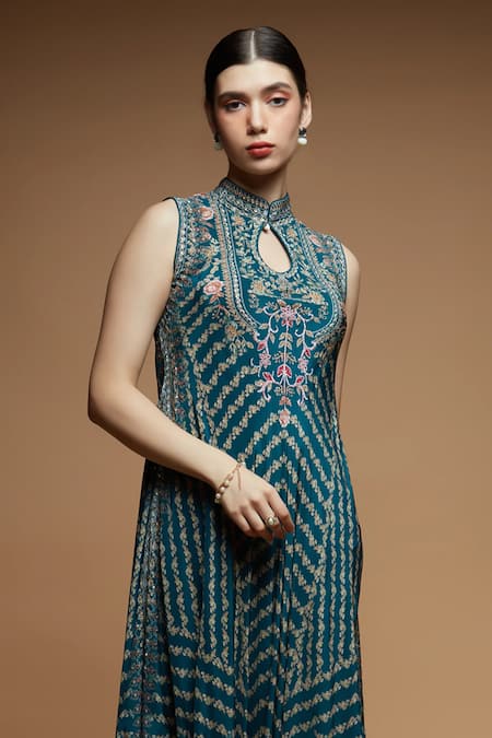 Buy_Nirraamyaa_Teal Brocade Rhinestones Keyhole Neck Embellished Gown _Online_at_Aza_Fashions