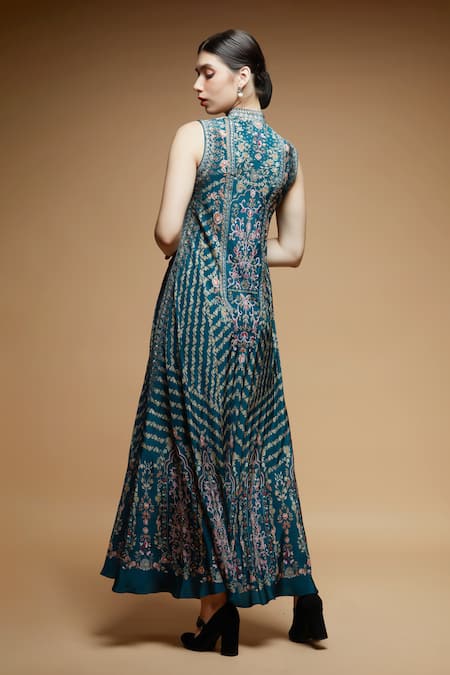 Shop_Nirraamyaa_Teal Brocade Rhinestones Keyhole Neck Embellished Gown _Online_at_Aza_Fashions