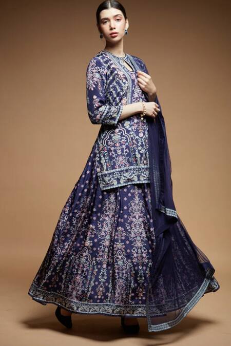 Nirraamyaa Blue Polyester, Crepe, Net Rhinestones Keyhole Neck Embroidered Lehenga Set Online at Aza Fashions Nirraamyaa_Blue Polyester, Crepe, Net Rhinestones Keyhole Neck Embroidered Lehenga Set _Online_at_Aza_Fashions