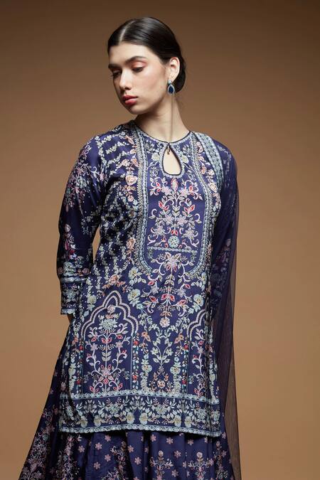 Shop Nirraamyaa Blue Polyester, Crepe, Net Rhinestones Keyhole Neck Embroidered Lehenga Set Online at Aza Fashions Shop_Nirraamyaa_Blue Polyester, Crepe, Net Rhinestones Keyhole Neck Embroidered Lehenga Set _Online_at_Aza_Fashions