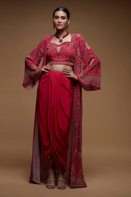 NIRRAAMYAA Red Brocade, Bamboo Rhinestones Square Neck Embroidered Cape Dhoti Set 