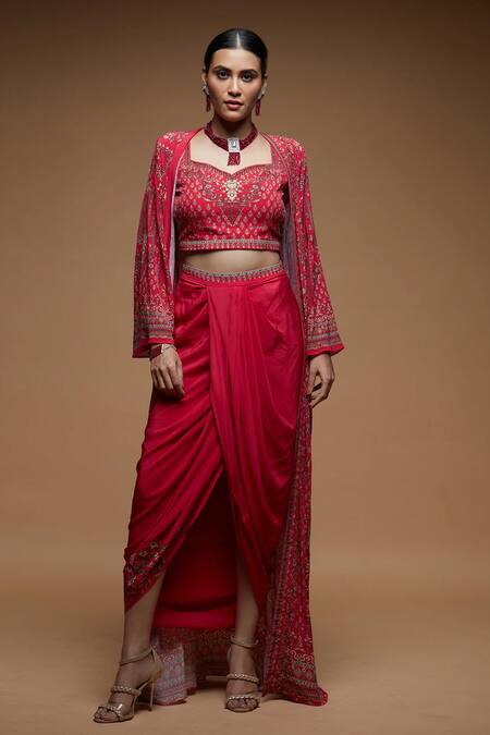 Shop_Nirraamyaa_Red Brocade, Bamboo Rhinestones Square Neck Embroidered Cape Dhoti Set _Online_at_Aza_Fashions