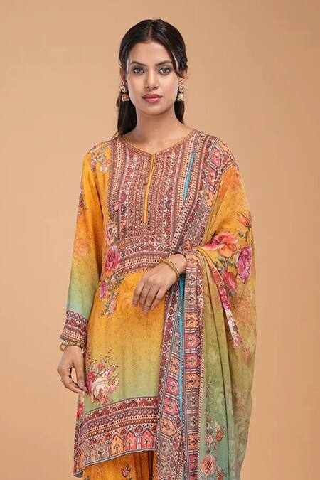 Nirraamyaa_Mustard Brocade, Georgette Rhinestones Round Neck Designer Yellow Kurta Set_Online_at_Aza_Fashions