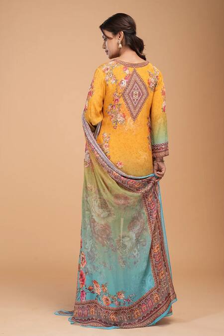 Buy_Nirraamyaa_Mustard Brocade, Georgette Rhinestones Round Neck Designer Yellow Kurta Set_Online_at_Aza_Fashions