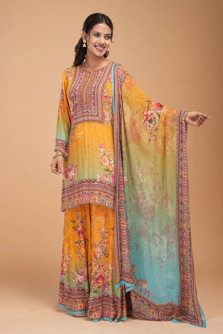 Nirraamyaa_Mustard Brocade, Georgette Rhinestones Round Neck Designer Yellow Kurta Set_at_Aza_Fashions