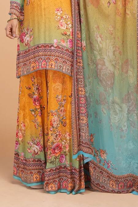 Buy_Nirraamyaa_Mustard Brocade, Georgette Rhinestones Round Neck Designer Yellow Kurta Set