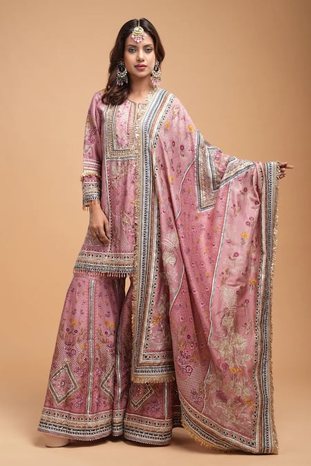 NIRRAAMYAA Pink Georgette, Viscose Rhinestones Round Neck Kurta Set 
