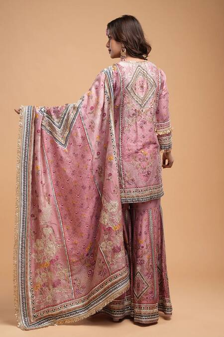 Shop Nirraamyaa Pink Georgette, Viscose Rhinestones Round Neck Kurta Set at Aza Fashions Shop_Nirraamyaa_Pink Georgette, Viscose Rhinestones Round Neck Kurta Set_at_Aza_Fashions