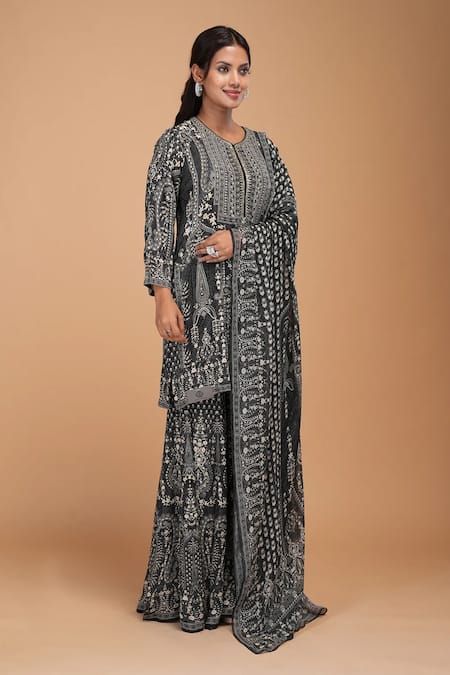 Nirraamyaa Blue Bamboo, Brocade, Georgette, Viscose Rhinestones Round Designer Kurta Set Online at Aza Fashions Nirraamyaa_Blue Bamboo, Brocade, Georgette, Viscose Rhinestones Round Designer Kurta Set _Online_at_Aza_Fashions