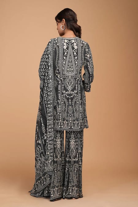 Shop Nirraamyaa Blue Bamboo, Brocade, Georgette, Viscose Rhinestones Round Designer Kurta Set at Aza Fashions Shop_Nirraamyaa_Blue Bamboo, Brocade, Georgette, Viscose Rhinestones Round Designer Kurta Set _at_Aza_Fashions