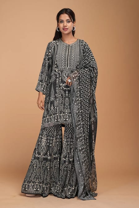 NIRRAAMYAA Blue Bamboo, Brocade, Georgette, Viscose Rhinestones Round Designer Kurta Set  