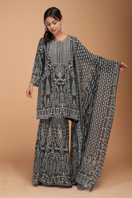 Shop Nirraamyaa Blue Bamboo, Brocade, Georgette, Viscose Rhinestones Round Designer Kurta Set Online at Aza Fashions Shop_Nirraamyaa_Blue Bamboo, Brocade, Georgette, Viscose Rhinestones Round Designer Kurta Set _Online_at_Aza_Fashions