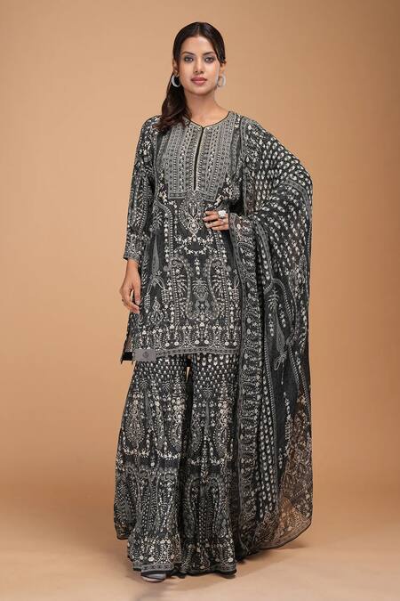 Nirraamyaa Blue Bamboo, Brocade, Georgette, Viscose Rhinestones Round Designer Kurta Set at Aza Fashions Nirraamyaa_Blue Bamboo, Brocade, Georgette, Viscose Rhinestones Round Designer Kurta Set _at_Aza_Fashions