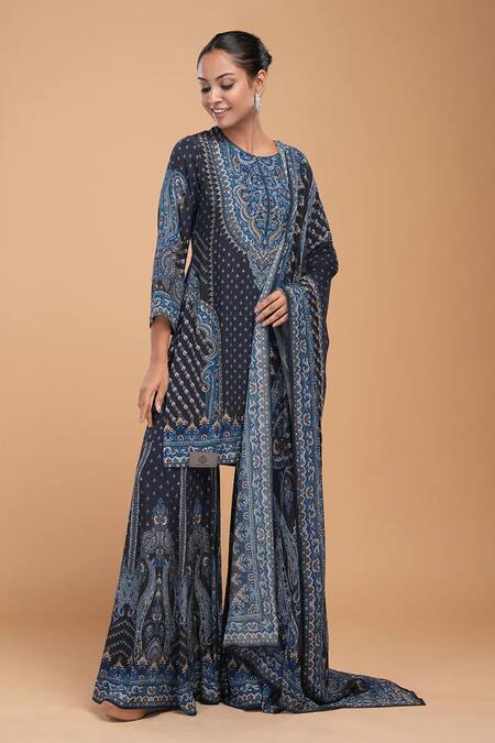 Nirraamyaa_Blue Georgette, Viscose Rhinestones Round Neck Designer Kurta Set  _Online_at_Aza_Fashions