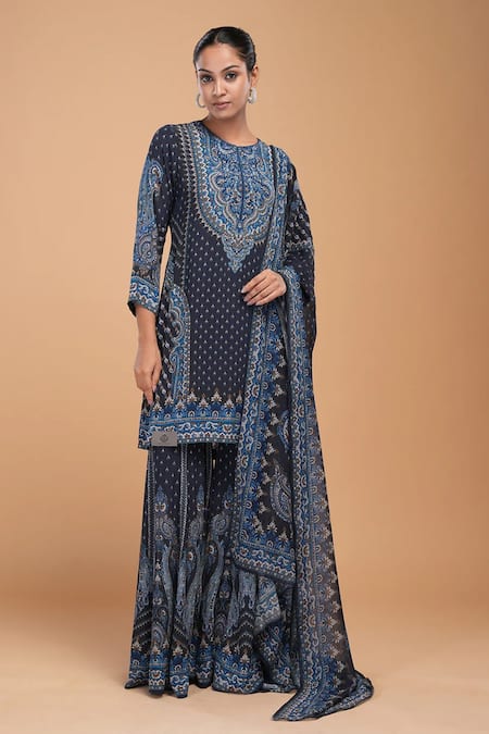 Buy_Nirraamyaa_Blue Georgette, Viscose Rhinestones Round Neck Designer Kurta Set  _Online_at_Aza_Fashions