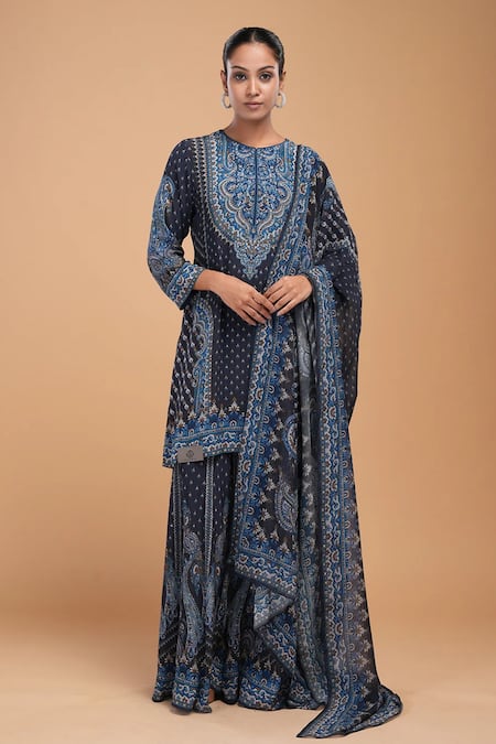 NIRRAAMYAA Blue Georgette, Viscose Rhinestones Round Neck Designer Kurta Set  