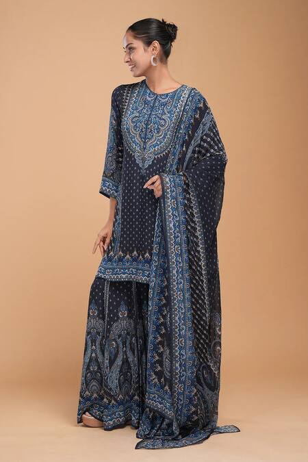 Shop_Nirraamyaa_Blue Georgette, Viscose Rhinestones Round Neck Designer Kurta Set  _Online_at_Aza_Fashions