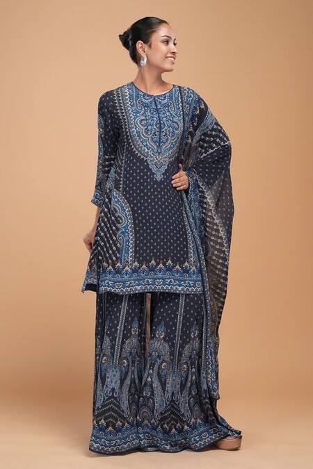Nirraamyaa_Blue Georgette, Viscose Rhinestones Round Neck Designer Kurta Set  _at_Aza_Fashions