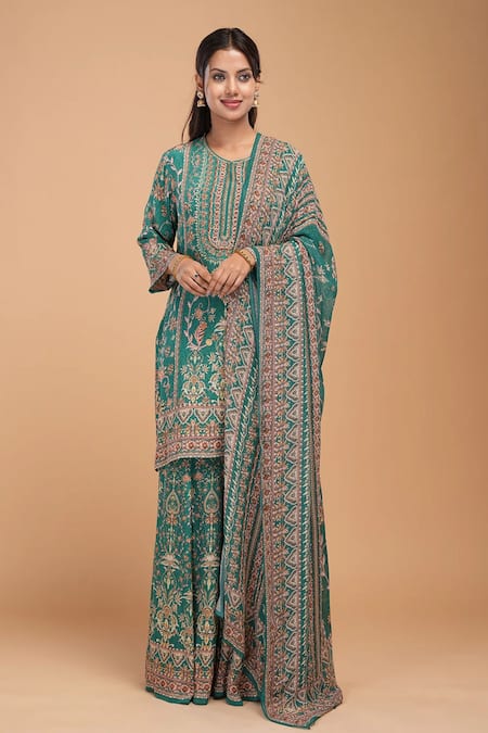 Nirraamyaa_Green Georgette, Viscose Rhinestones Round Neck Bemberg Crepe Kurta Set _Online_at_Aza_Fashions