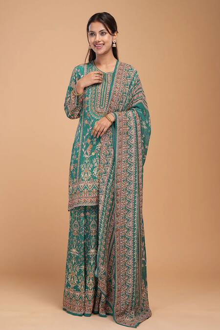 Buy_Nirraamyaa_Green Georgette, Viscose Rhinestones Round Neck Bemberg Crepe Kurta Set _Online_at_Aza_Fashions