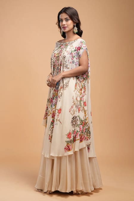Nirraamyaa_Beige Organza Rhinestones Round Neck Floral Embroidered Kurta Lehenga Set _Online_at_Aza_Fashions