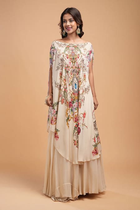 Buy_Nirraamyaa_Beige Organza Rhinestones Round Neck Floral Embroidered Kurta Lehenga Set _Online_at_Aza_Fashions