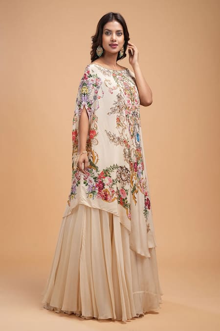 Shop_Nirraamyaa_Beige Organza Rhinestones Round Neck Floral Embroidered Kurta Lehenga Set _Online_at_Aza_Fashions