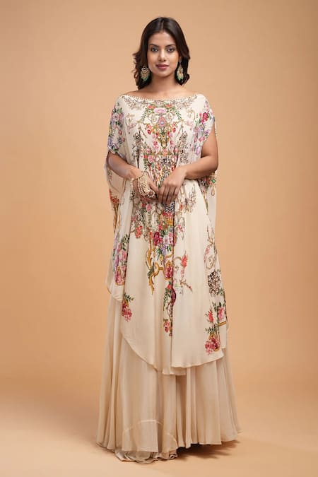 NIRRAAMYAA Beige Floral Embroidered Kurta Lehenga Set 