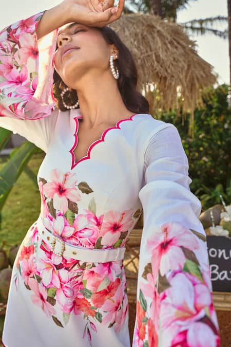 Verano By Tanya White Cotton, Linen V-neck Floral Print Danna Short Dress Online at Aza Fashions Verano By Tanya_White Cotton, Linen V-neck Floral Print Danna Short Dress _Online_at_Aza_Fashions