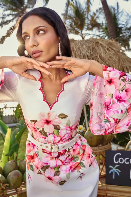 Buy Verano By Tanya White Cotton, Linen V-neck Floral Print Danna Short Dress Online at Aza Fashions Buy_Verano By Tanya_White Cotton, Linen V-neck Floral Print Danna Short Dress _Online_at_Aza_Fashions