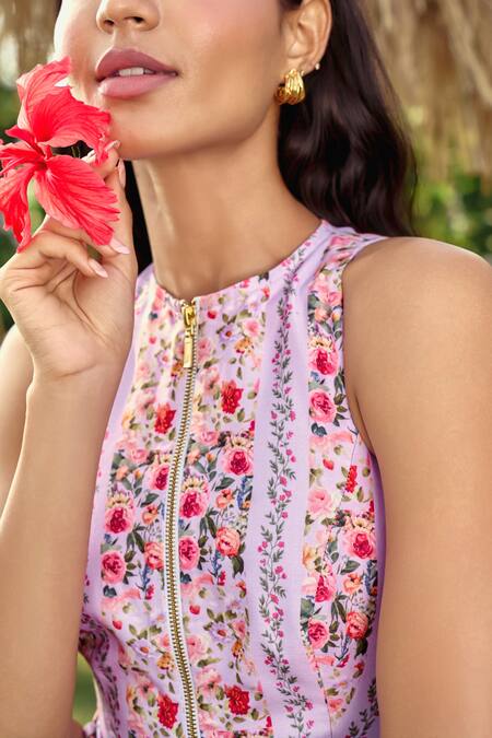 Verano By Tanya_Lavender Cotton, Linen Embroidery High Neck Floral Print Mini Dress With Belt _Online_at_Aza_Fashions