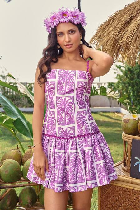 Verano By Tanya_Purple Cotton, Linen Square Neck Designer Ula Short Dress _Online_at_Aza_Fashions