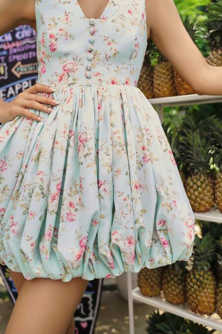 Verano By Tanya_Green Cotton, Linen V-neck Floral Print Julia Mini Dress _Online_at_Aza_Fashions