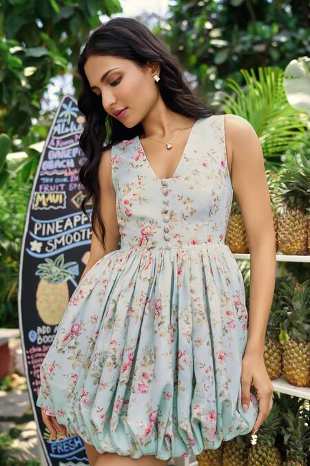 Buy_Verano By Tanya_Green Cotton, Linen V-neck Floral Print Julia Mini Dress _Online_at_Aza_Fashions