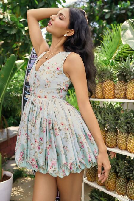 Shop_Verano By Tanya_Green Cotton, Linen V-neck Floral Print Julia Mini Dress _Online_at_Aza_Fashions