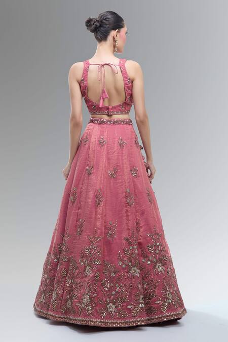 Shop Samyukta Singhania Pink Tissue, Net Beads, Sequins, Stones, Embroidery V-neck Classic Lehenga Set at Aza Fashions Shop_Samyukta Singhania_Pink Tissue, Net Beads, Sequins, Stones, Embroidery V-neck Classic Lehenga Set _at_Aza_Fashions