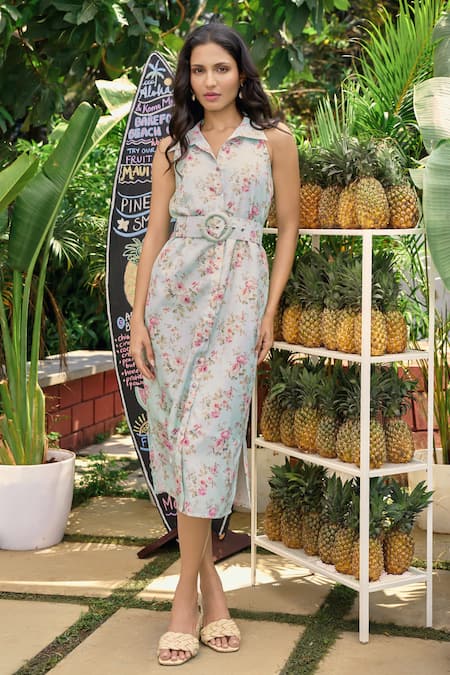 Verano by Tanya Green Cotton, Linen Collared Floral Print Julia Midi Dress 