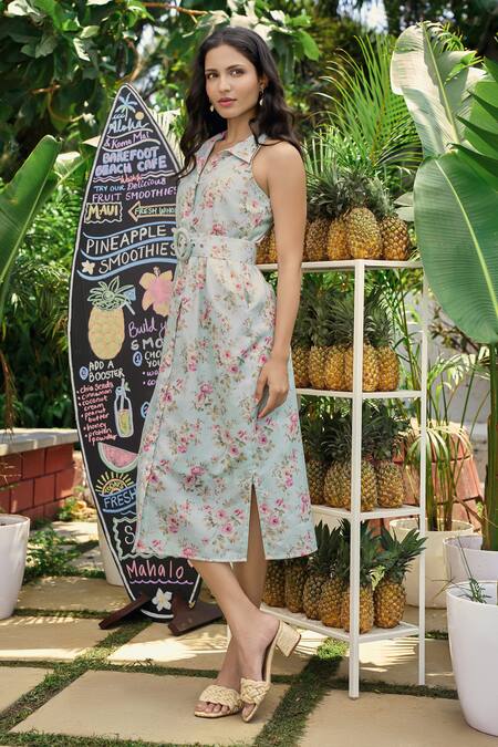 Shop_Verano By Tanya_Green Cotton, Linen Collared Floral Print Julia Midi Dress _Online_at_Aza_Fashions