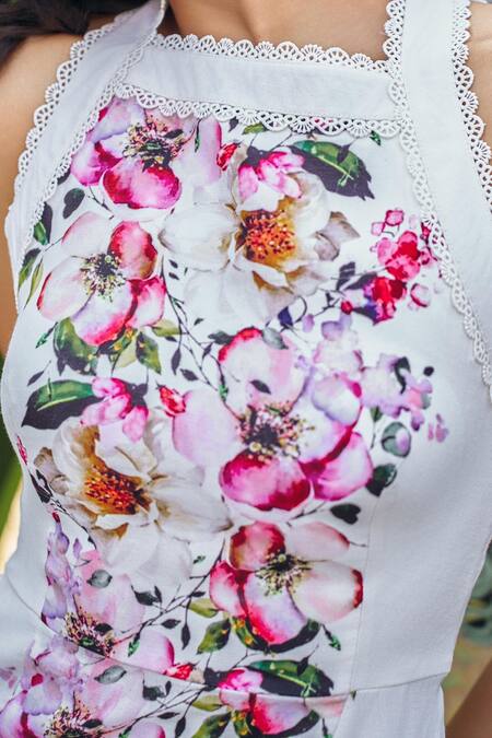 Shop_Verano By Tanya_Off White Cotton, Linen Embroidery Halter Neck Kiana Floral Print Short Dress _Online_at_Aza_Fashions