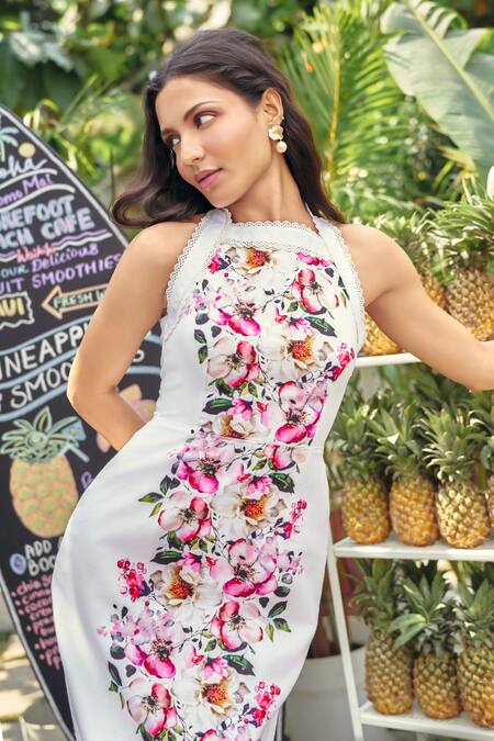 Buy Verano By Tanya Off White Cotton, Linen Embroidery Halter Neck Kiana Floral Midi Dress Online at Aza Fashions Buy_Verano By Tanya_Off White Cotton, Linen Embroidery Halter Neck Kiana Floral Midi Dress _Online_at_Aza_Fashions