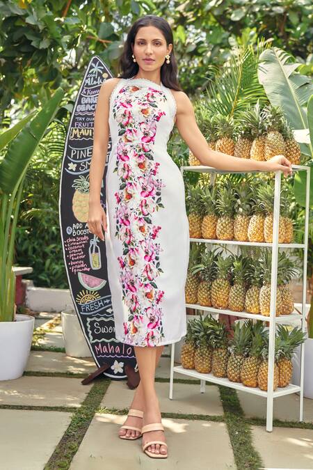 Verano By Tanya Off White Cotton, Linen Embroidery Halter Neck Kiana Floral Midi Dress at Aza Fashions Verano By Tanya_Off White Cotton, Linen Embroidery Halter Neck Kiana Floral Midi Dress _at_Aza_Fashions