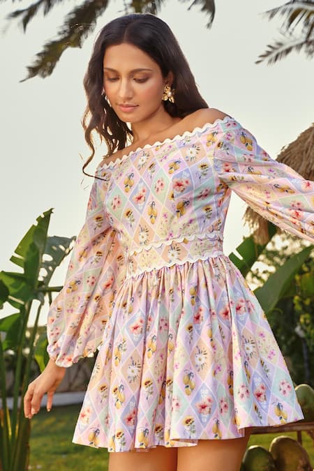 Verano By Tanya Multi Color Cotton, Linen Off-shoulder Lana Mini Dress Online at Aza Fashions Verano By Tanya_Multi Color Cotton, Linen Off-shoulder Lana Mini Dress _Online_at_Aza_Fashions