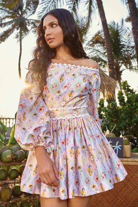 Buy Verano By Tanya Multi Color Cotton, Linen Off-shoulder Lana Mini Dress Online at Aza Fashions Buy_Verano By Tanya_Multi Color Cotton, Linen Off-shoulder Lana Mini Dress _Online_at_Aza_Fashions