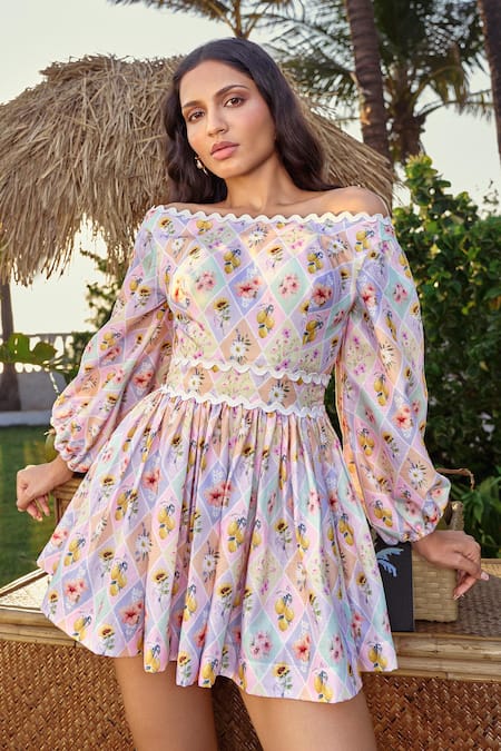 Shop Verano By Tanya Multi Color Cotton, Linen Off-shoulder Lana Mini Dress Online at Aza Fashions Shop_Verano By Tanya_Multi Color Cotton, Linen Off-shoulder Lana Mini Dress _Online_at_Aza_Fashions