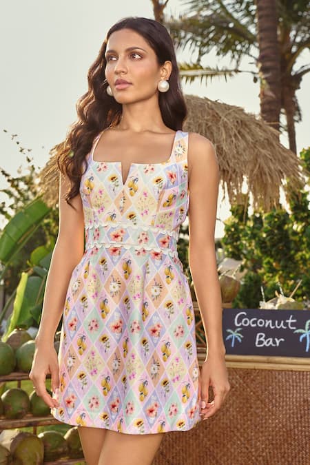 Verano By Tanya_Multi Color Cotton Square Neck Lana Short Dress _Online_at_Aza_Fashions