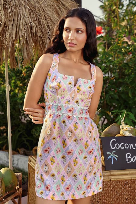 Shop_Verano By Tanya_Multi Color Cotton Square Neck Lana Short Dress _Online_at_Aza_Fashions